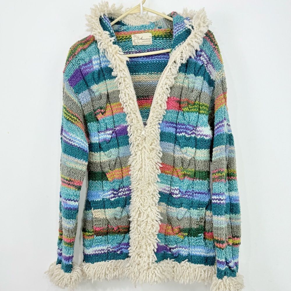 Amano Artisan Handmade Colorful Stripe Hooded Boho Fringe Retro Cardigan Sweater - Picture 6 of 12